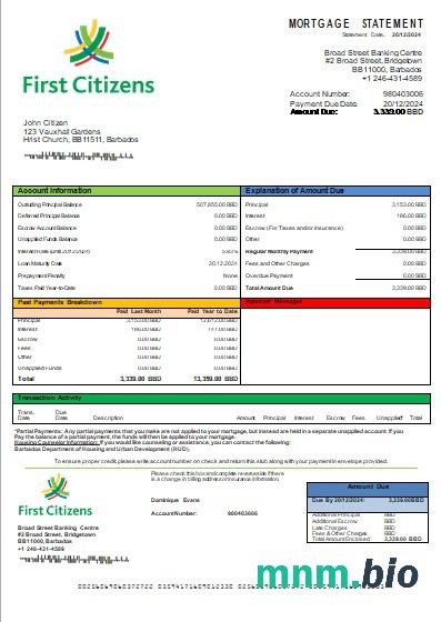 Barbados Bank First Citizens wyciąg z kredytu hipotecznego szablon Word i PDF